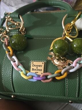 Dooney & Bourke Green Leather Satchel with Multicolor Chain Charm